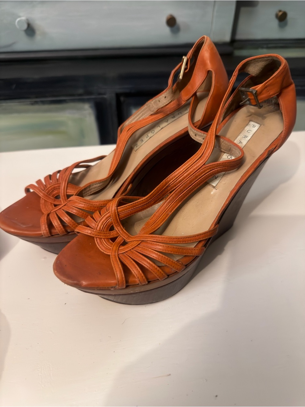 Pura Lopez Cognac Leather Strappy Wedge Sandals